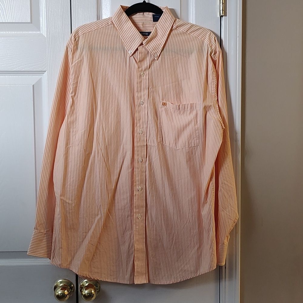 Izod  orange and white striped long sleeve button down dress shirt  Sz L